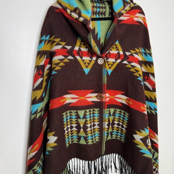 Womens woven Aztec hooded one sized fits most fringe hem poncho costal western - Picture 9 of 9